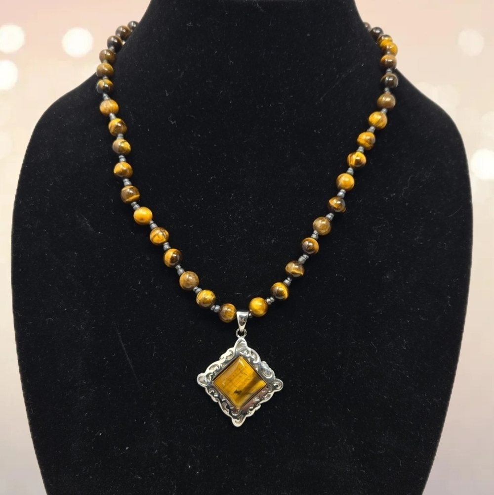 Tiger's Eye Beaded Necklace With Pendant Ornate Silver Tone Accents Adj Length